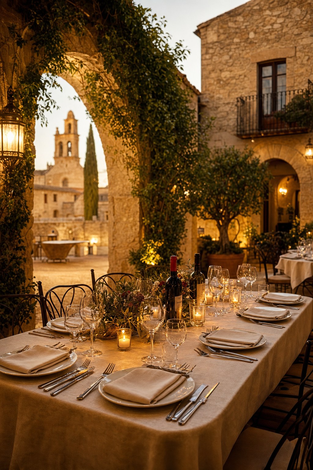 Candlelit courtyard table prepared for a group dinner