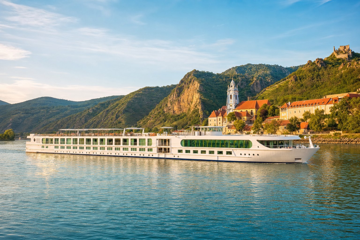 River cruise ship sailing past vineyards and a historic European town