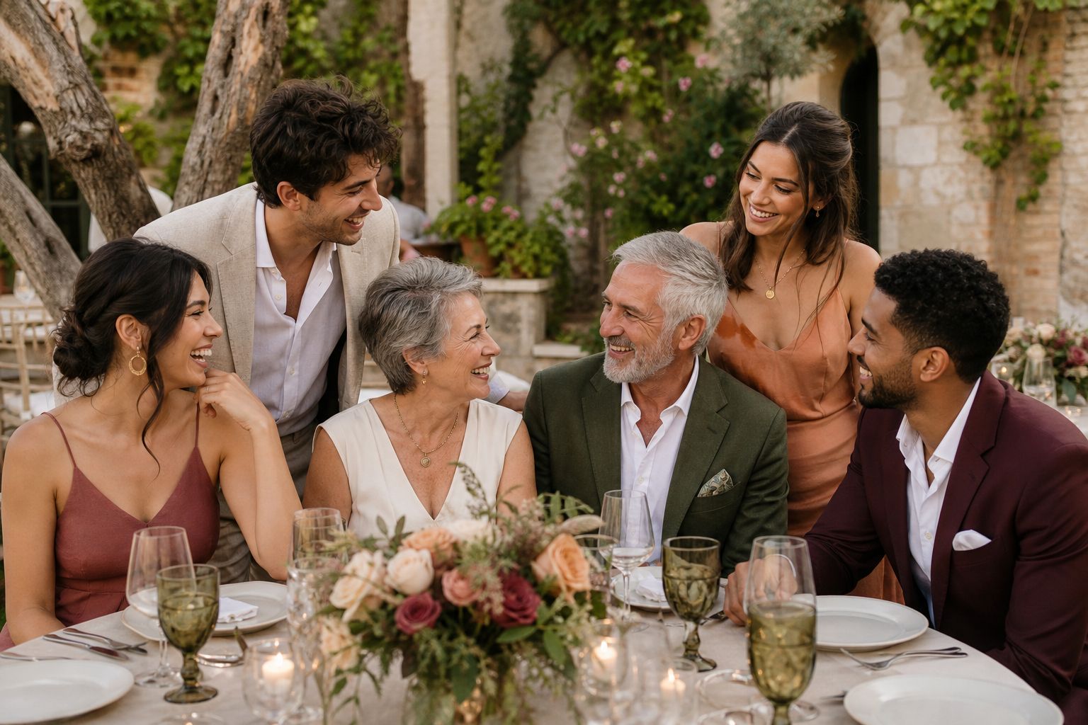 Wedding guests of different generations enjoying an outdoor reception together