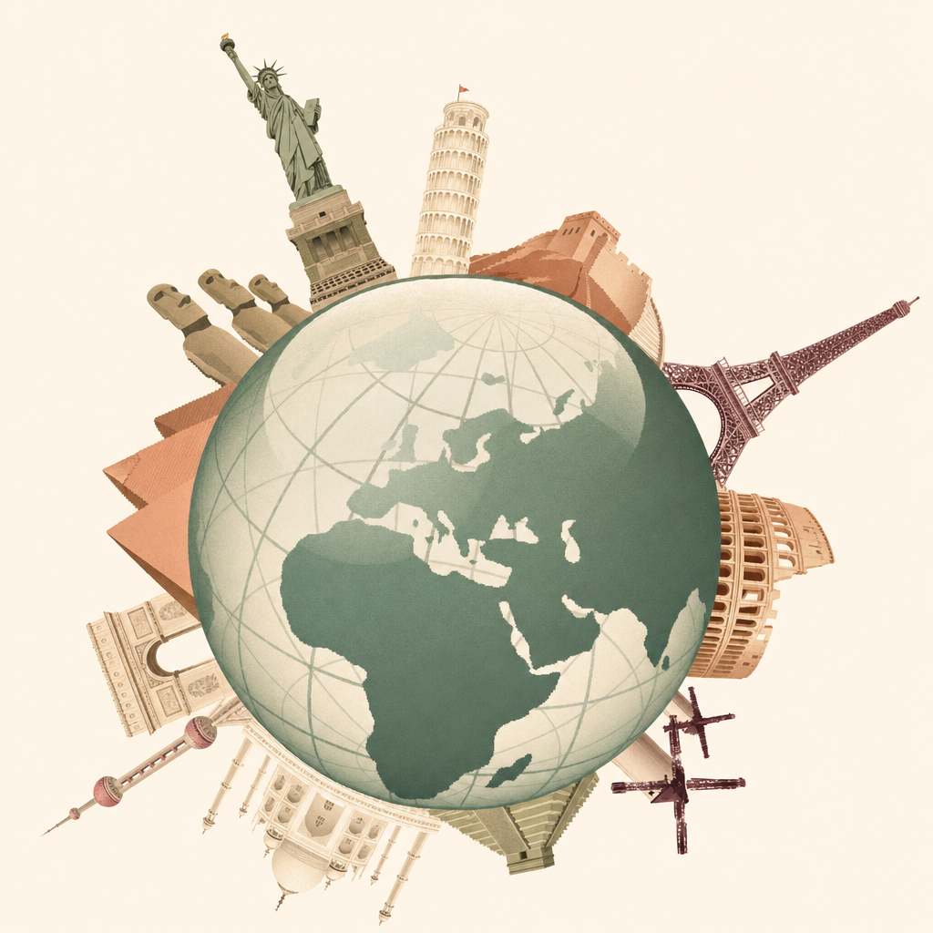 Illustrated globe surrounded by landmarks from around the world