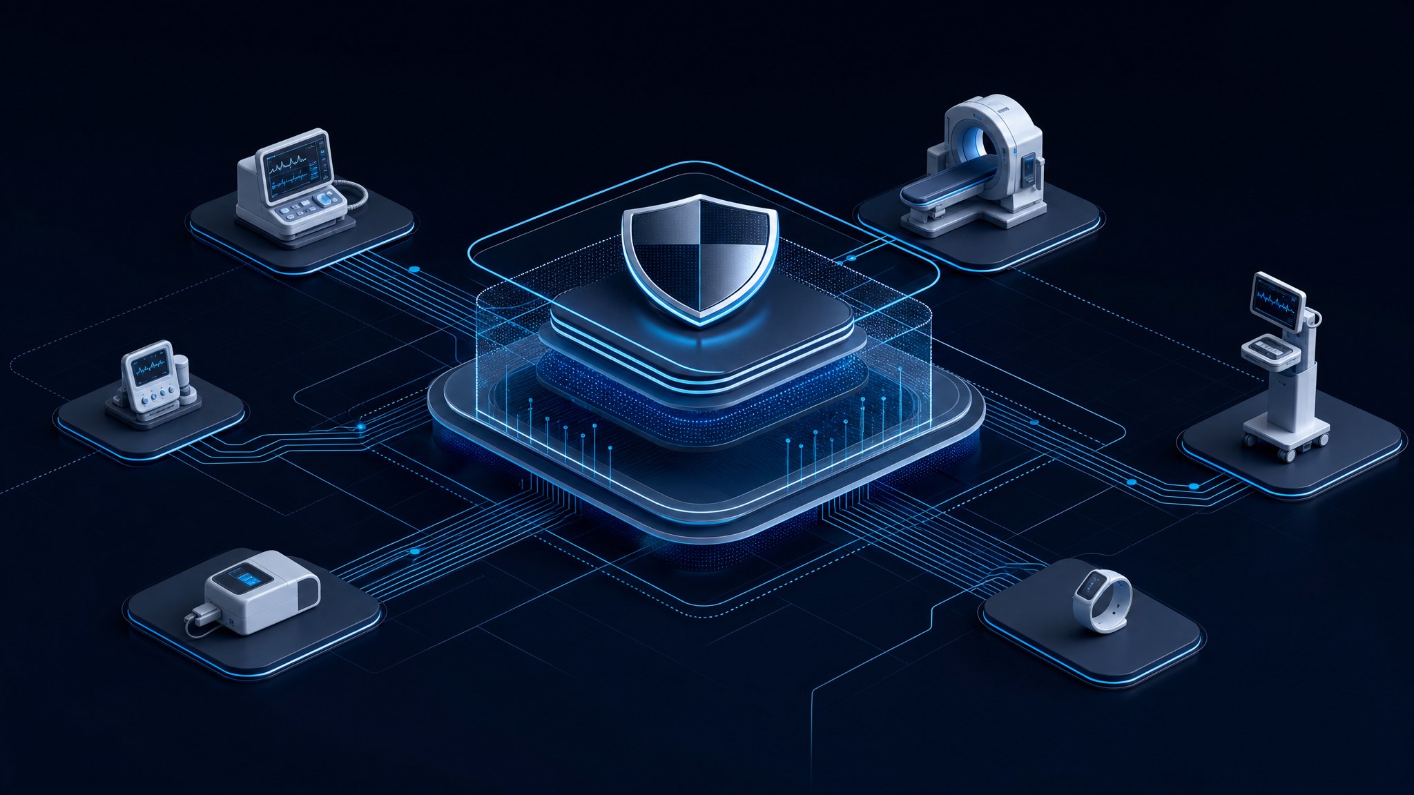 Connected medical technology represented through a protected network.