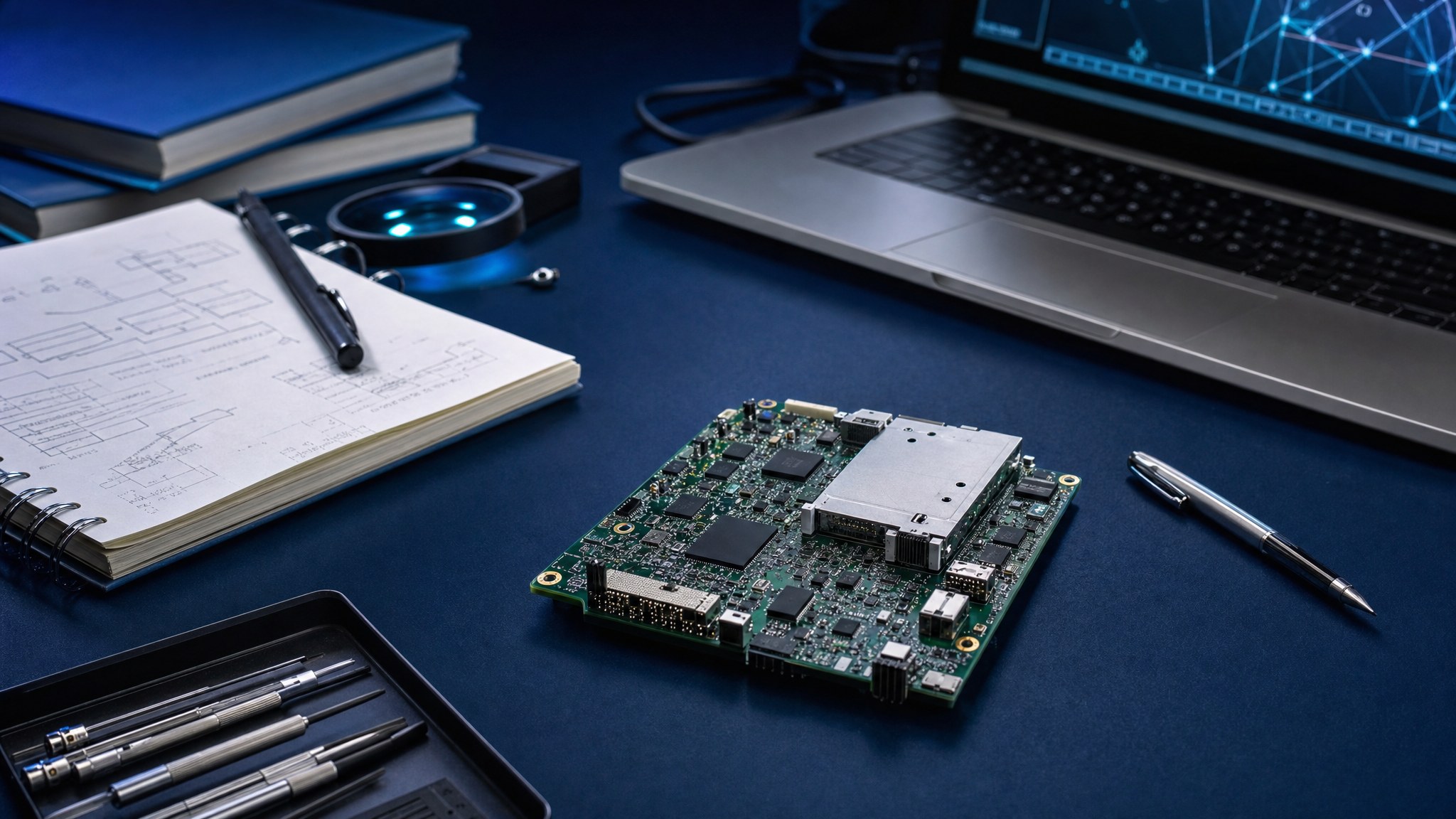 Medical technology circuit board, technical notes, and laptop on a development workspace.