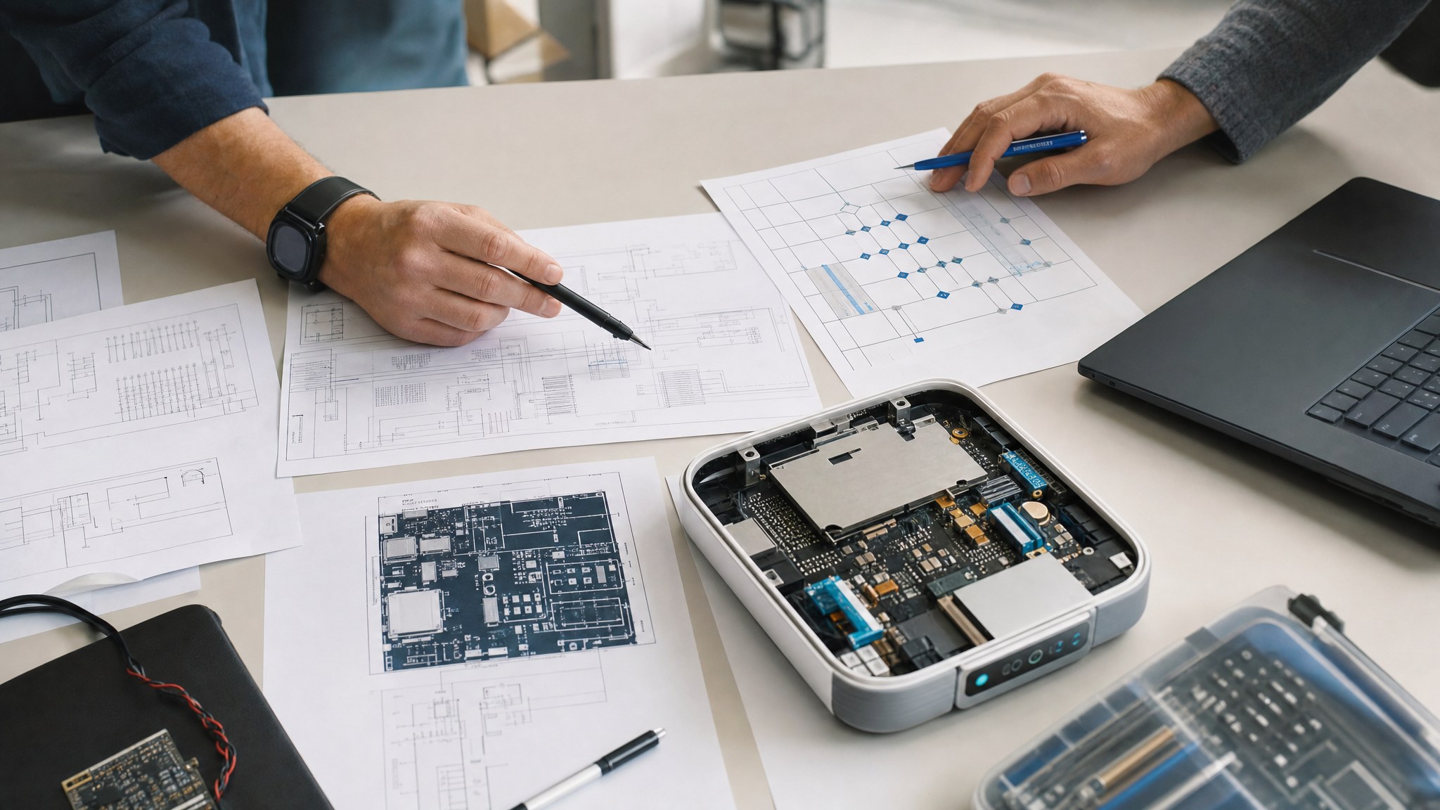 Engineers reviewing device electronics and planning documents on a worktable.