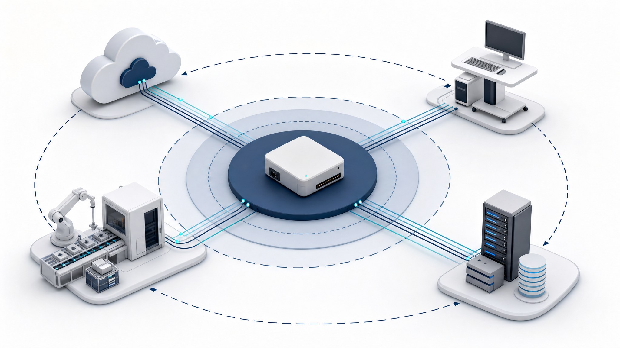 Connected device ecosystem showing a device, cloud, workstation, manufacturing, and data systems.