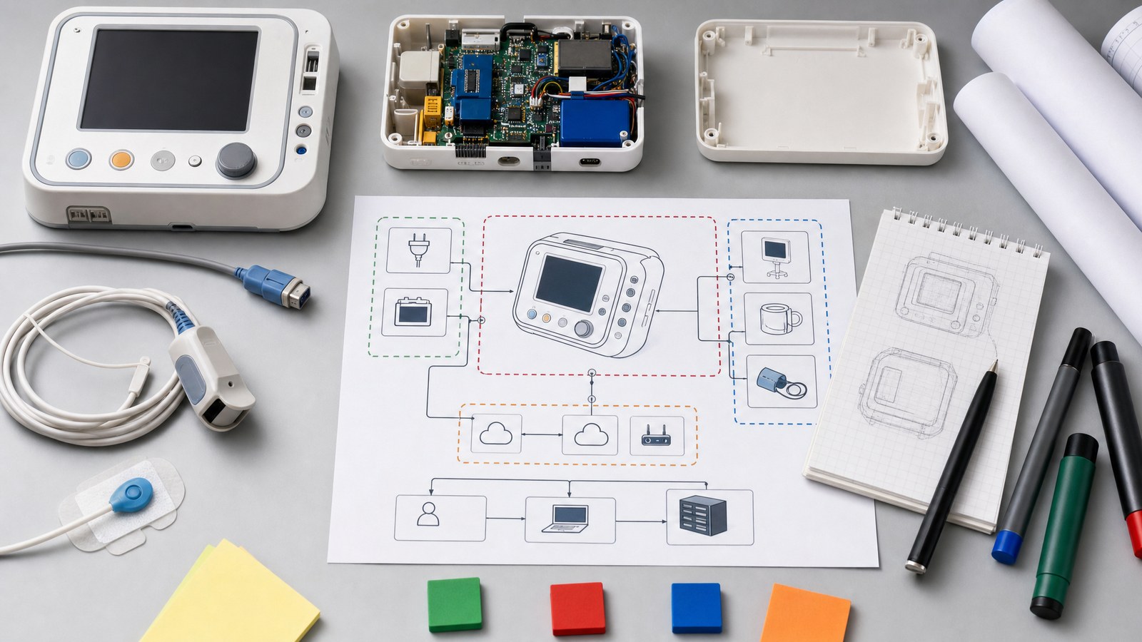 Medical device components and a system map showing interfaces around a connected device.