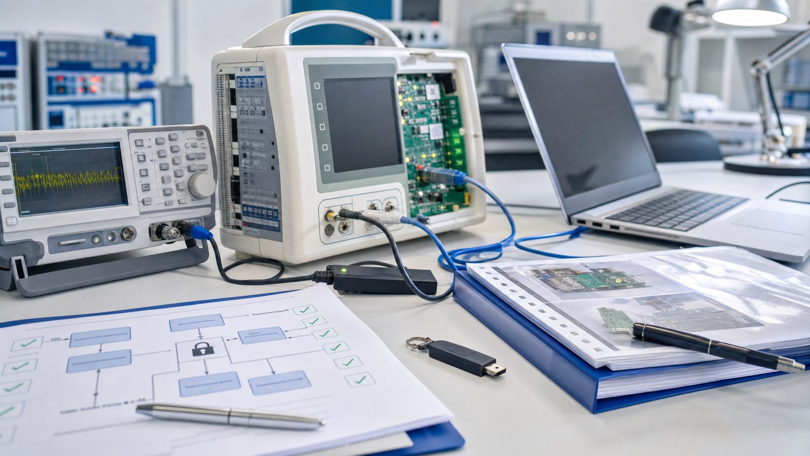 Medical device test setup with connected equipment and security review materials.