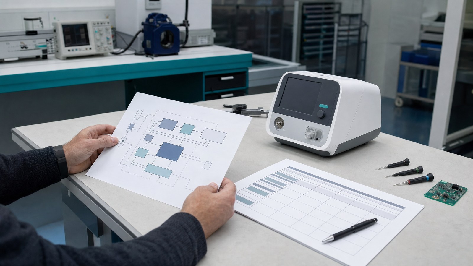Engineer reviewing a medical device system diagram beside a device prototype.