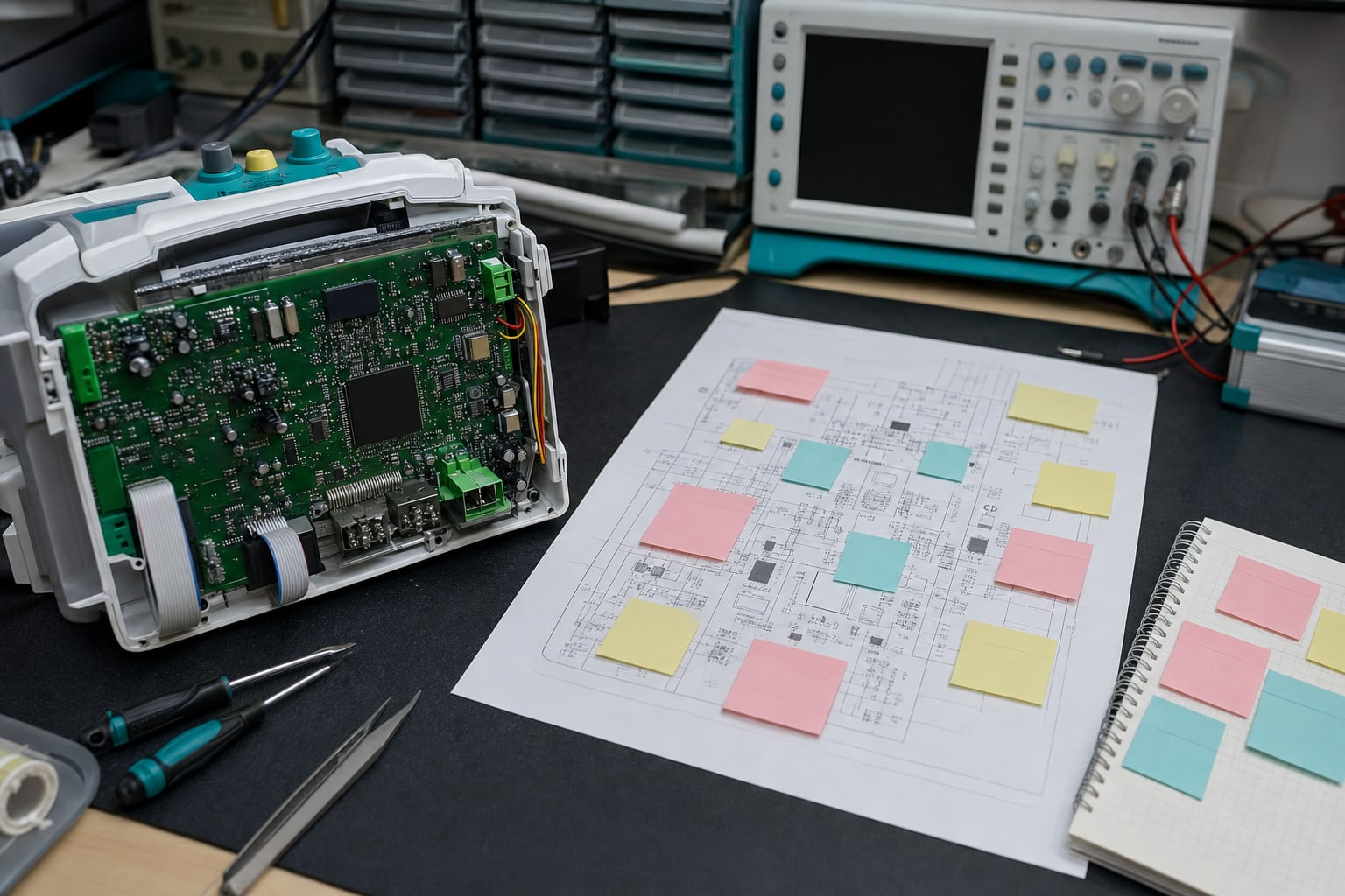 Opened medical device hardware, a circuit diagram, and review notes on an engineering workbench.