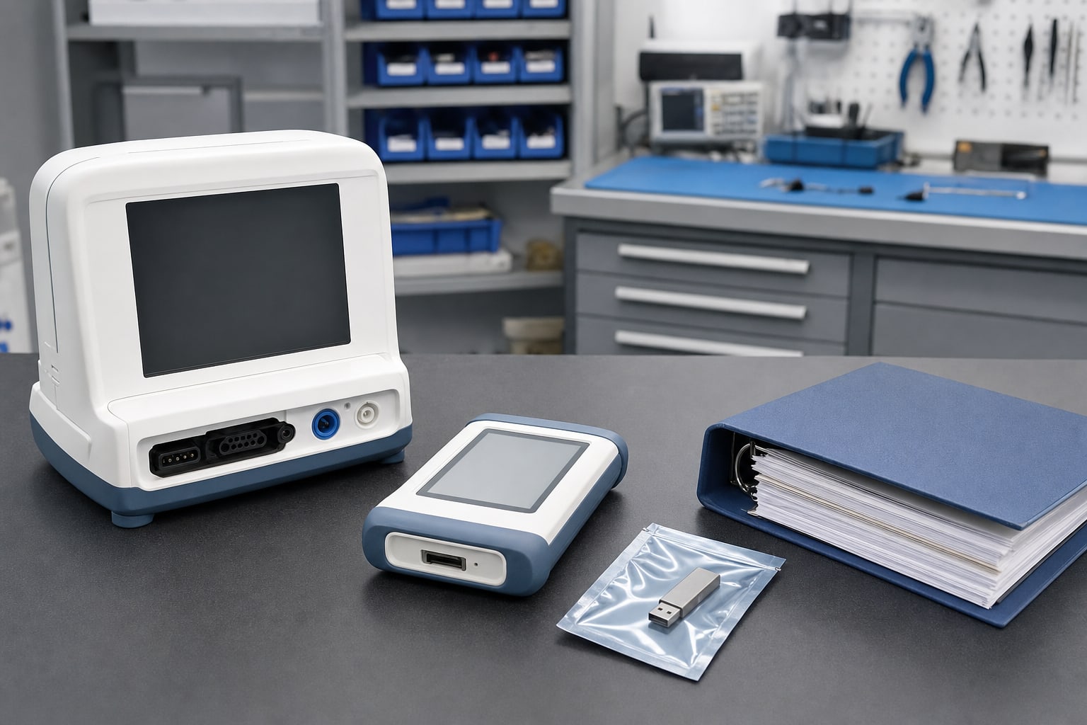 Medical device, service programmer, sealed update drive, and maintenance records on a workbench.
