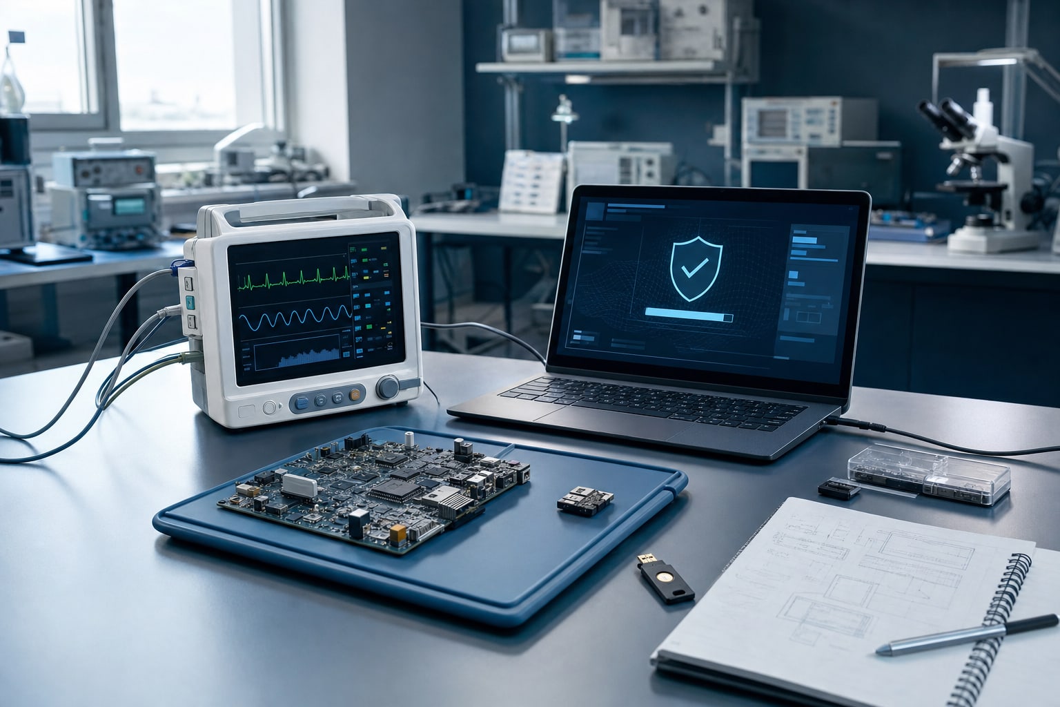 Medical device prototype, circuit board, and secure update workstation in an engineering lab.
