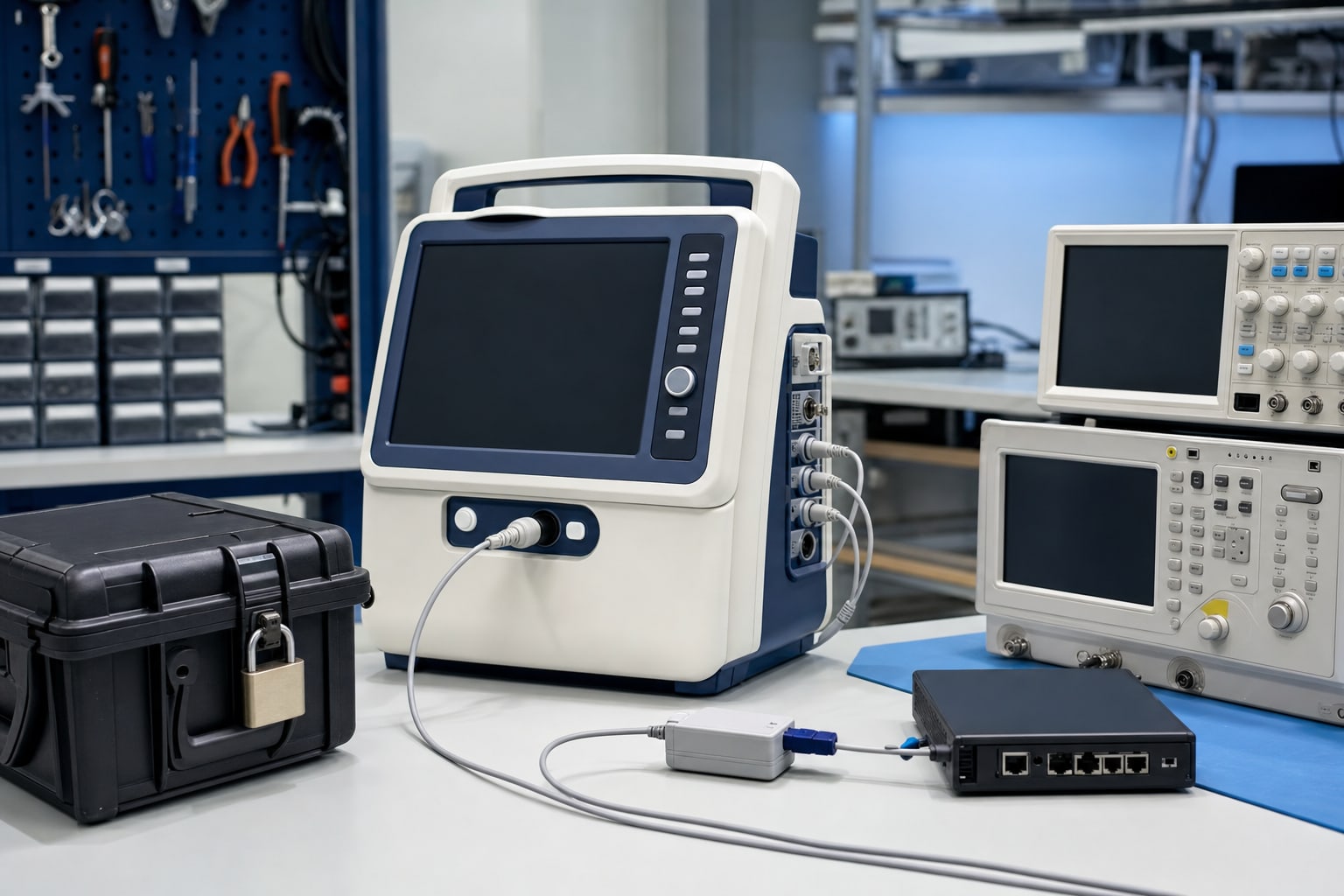Connected medical device and diagnostic equipment prepared for controlled verification testing.