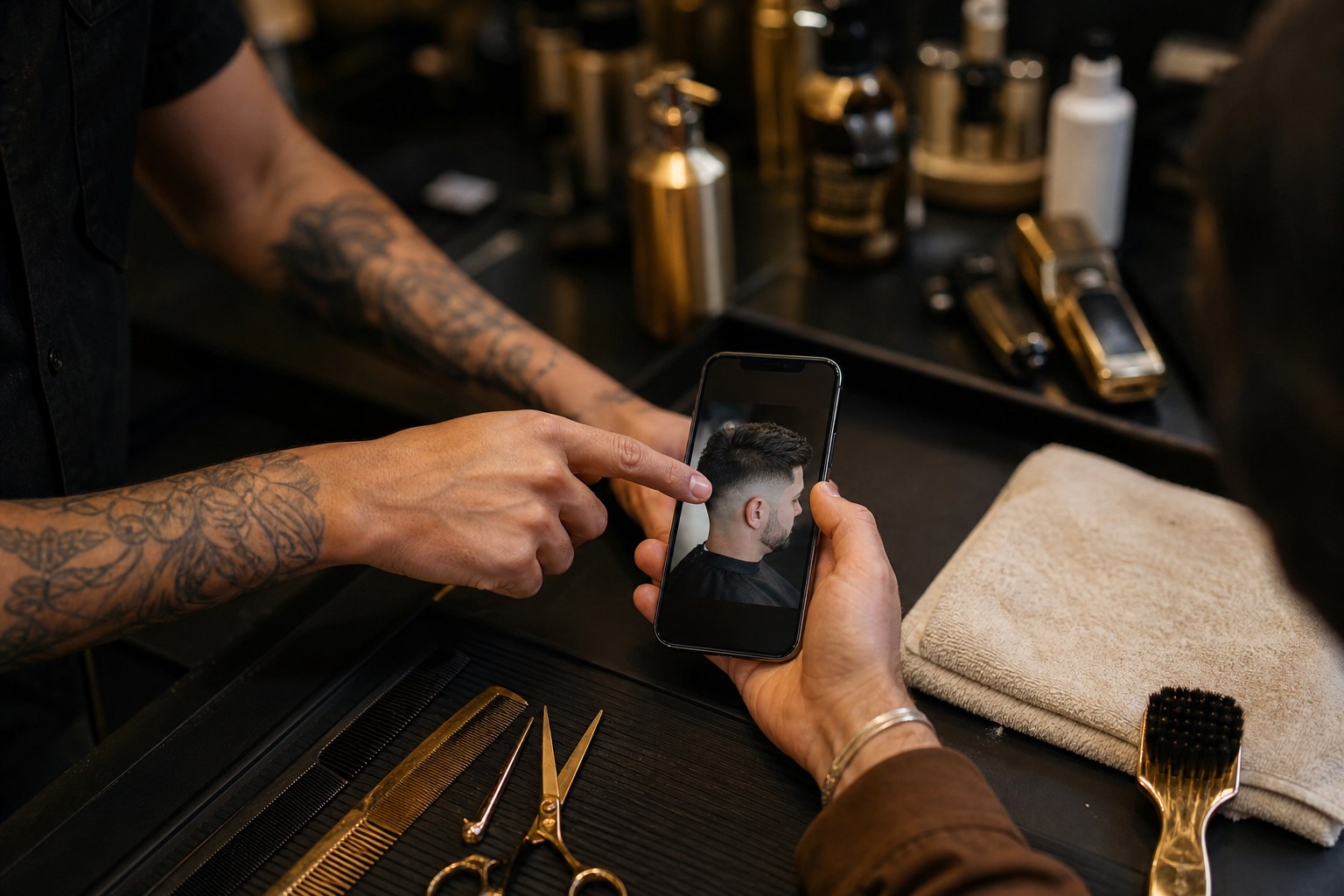A barber and guest reviewing a haircut reference photo on a phone