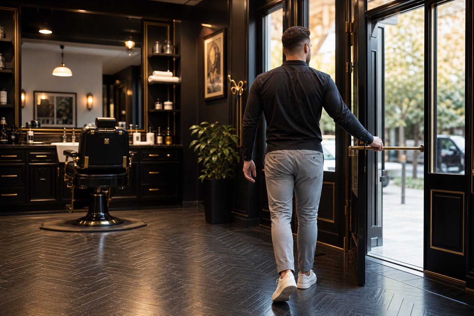 A guest leaving a polished black and gold barbershop after a haircut