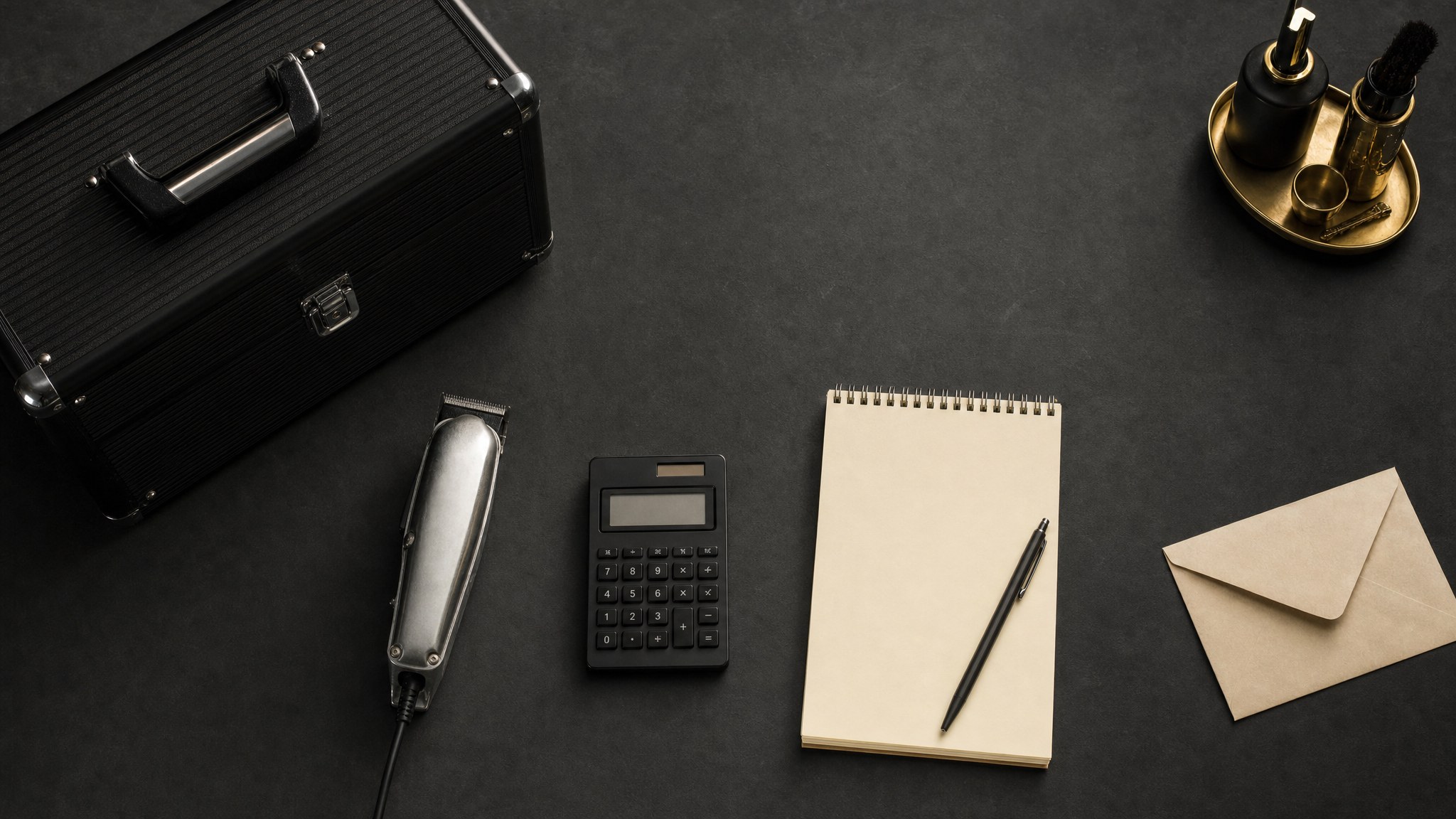 Barber tool case, calculator, notebook, and envelope arranged for career training planning