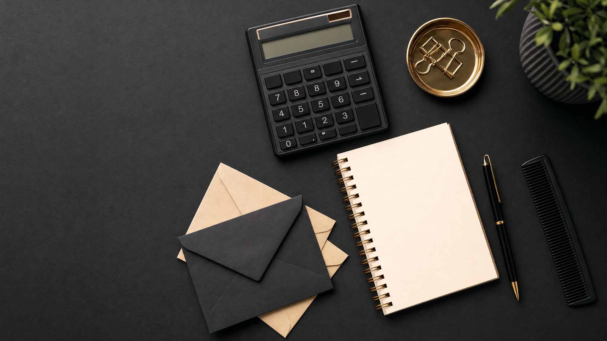 Calculator, notebook, envelopes, and barber comb on a dark planning desk