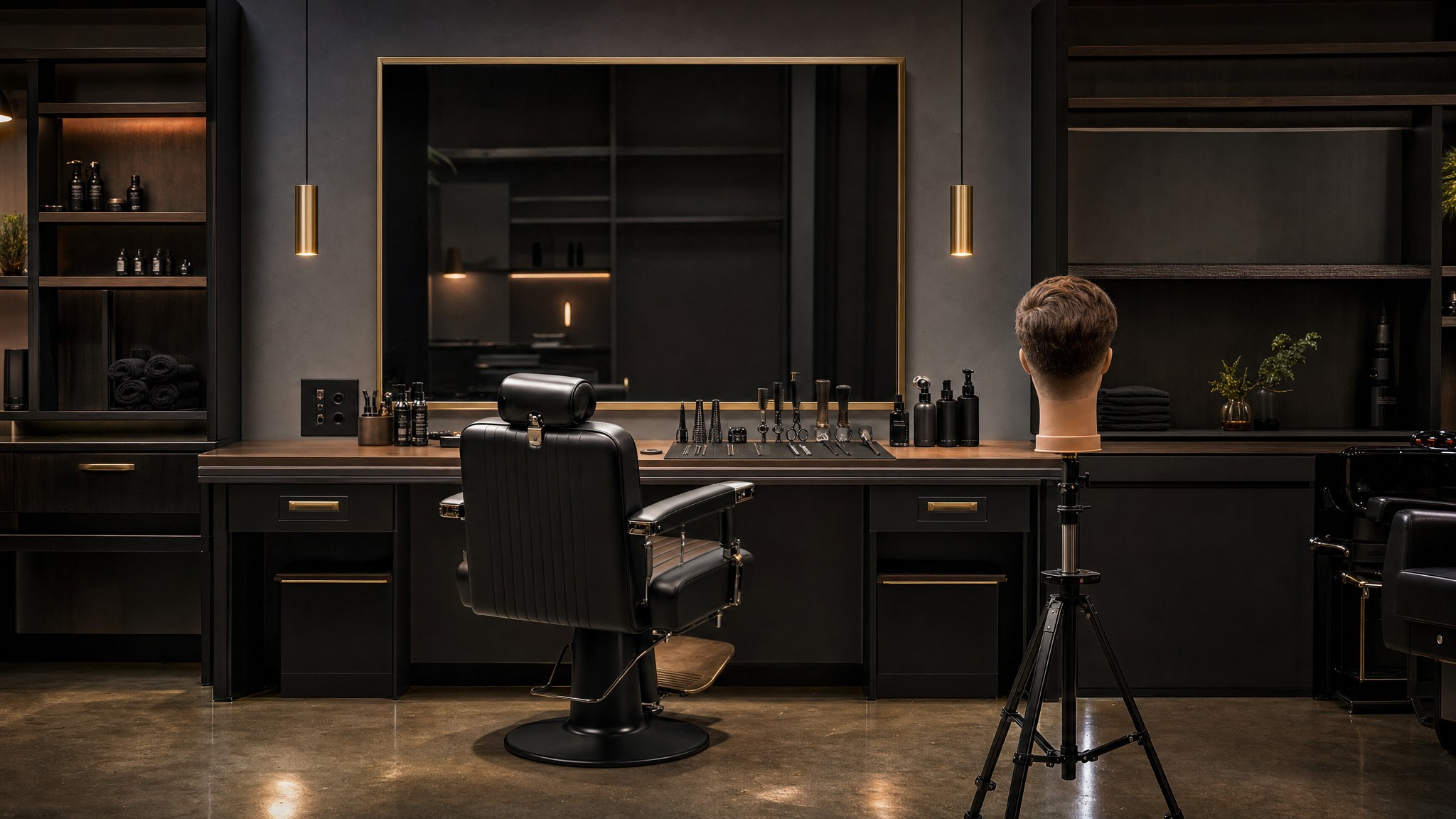 Clean dark barbershop learning station with an empty chair and mannequin head
