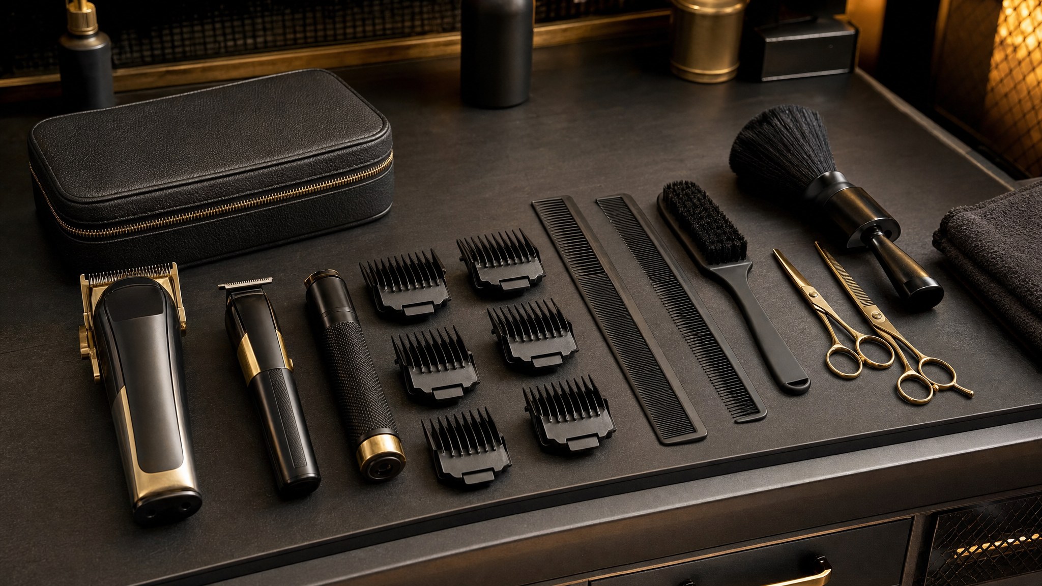 Professional barber tools arranged neatly on a dark workstation