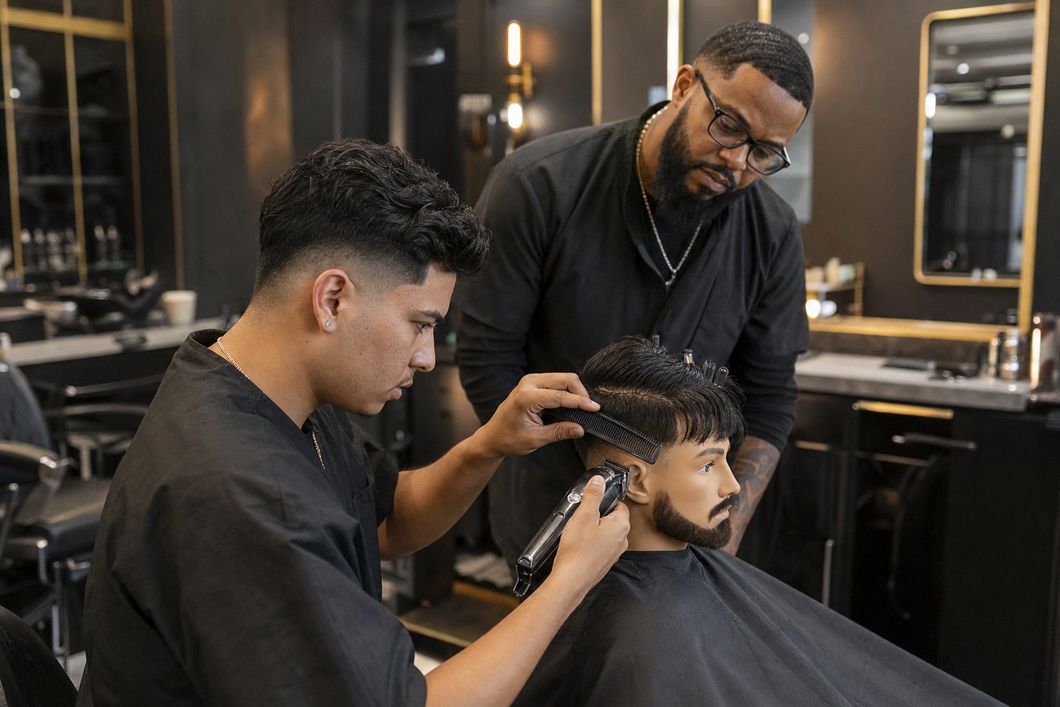 Barber student practicing a fade under an instructor's supervision in a dark studio