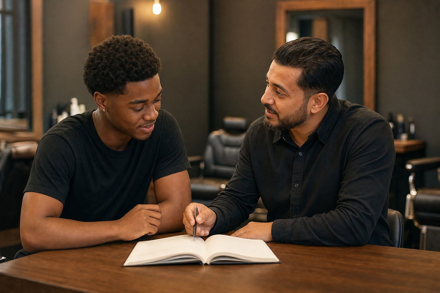 Prospective barber student discussing a training plan with an instructor