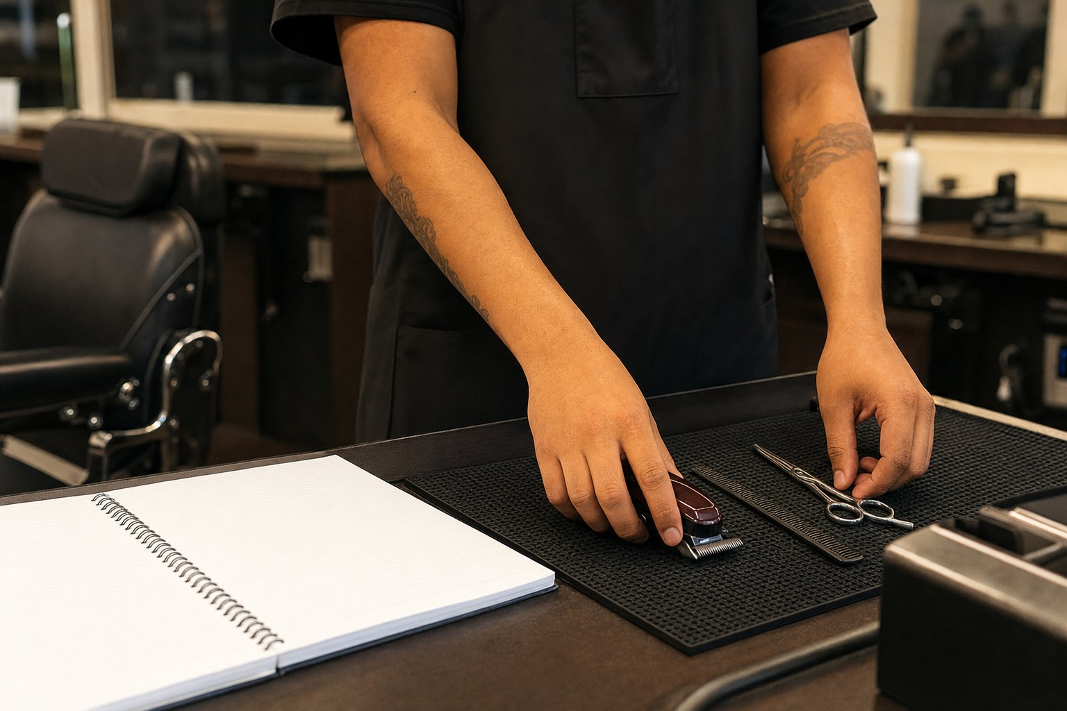 Barber tools and a practice notebook arranged at a professional workstation
