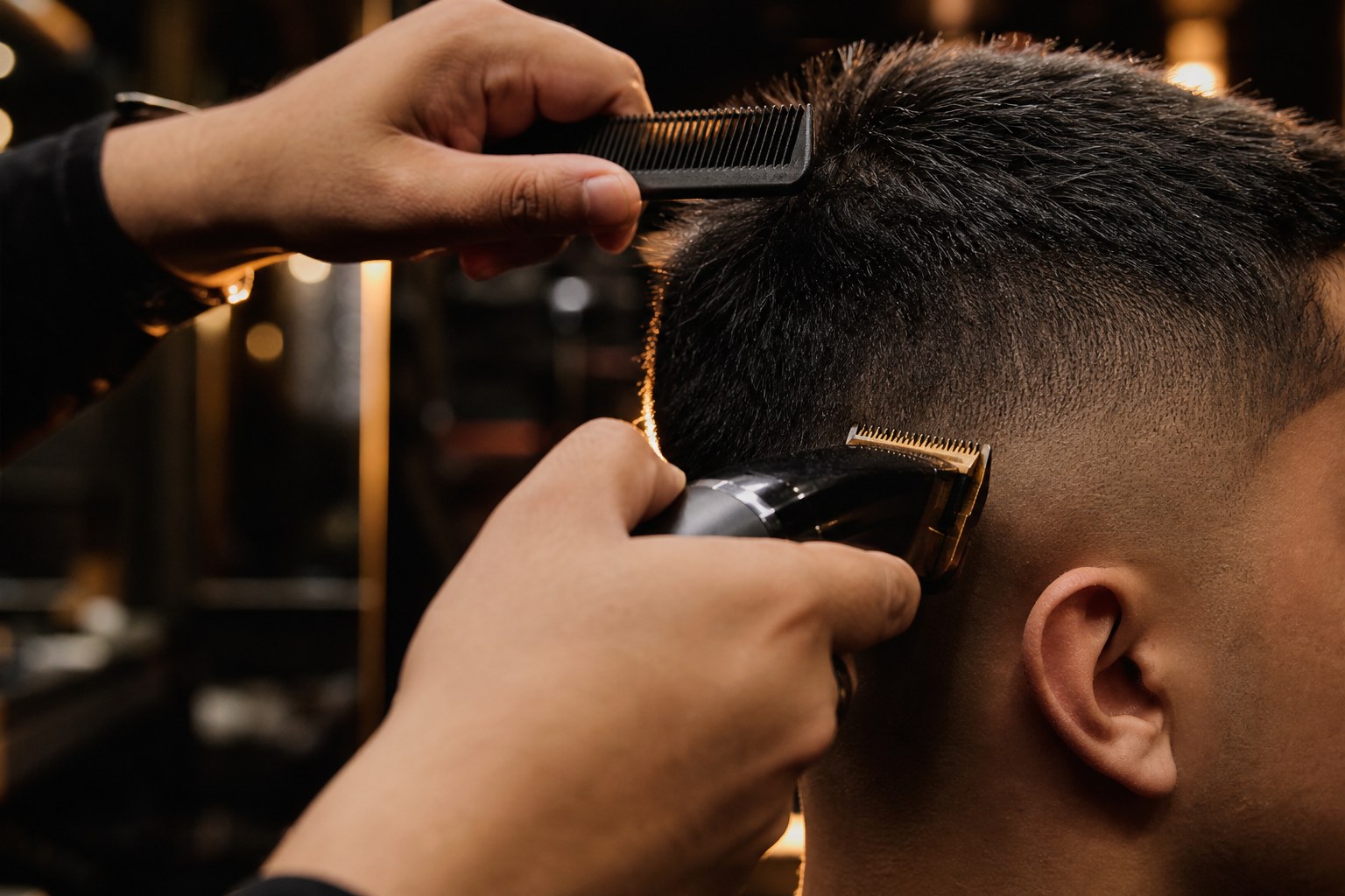 A barber using clippers and comb to finish a close fade