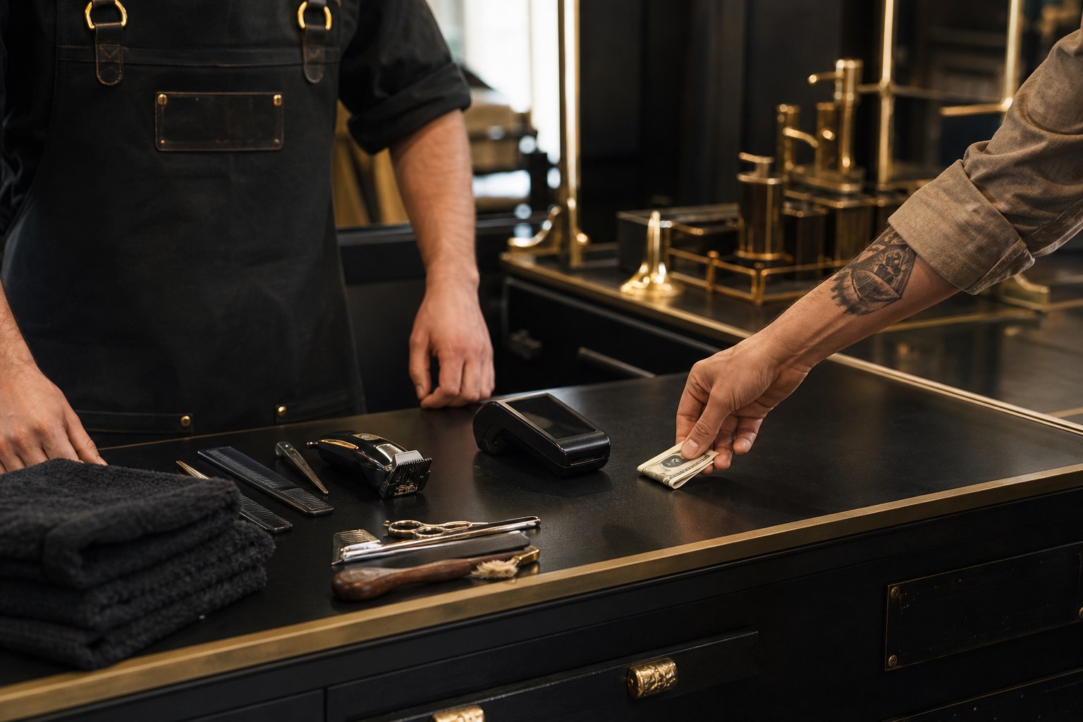 A guest leaving a cash tip beside a card terminal at a premium barbershop station