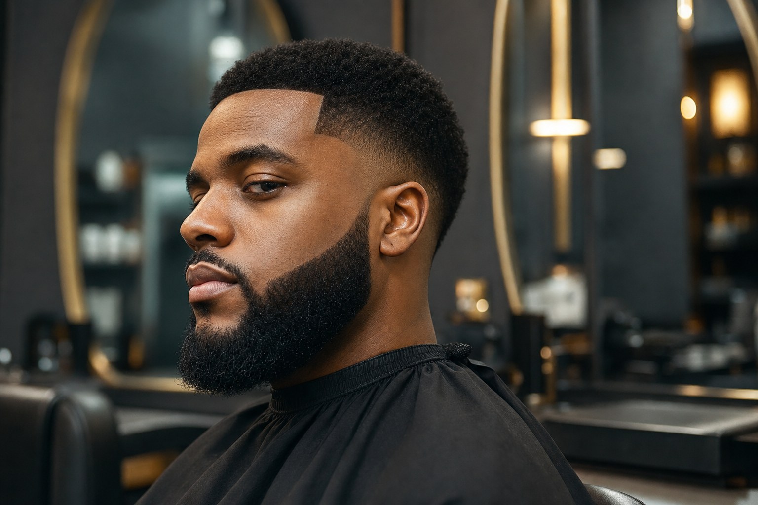 Illustrative close portrait showing a finished fade and beard line