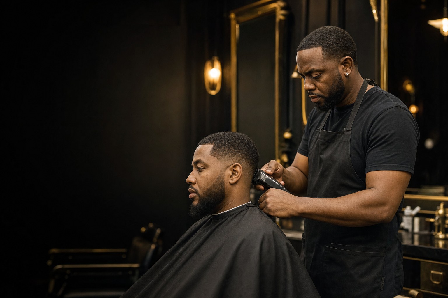 Illustrative barbering scene with a precise fade in a dark studio