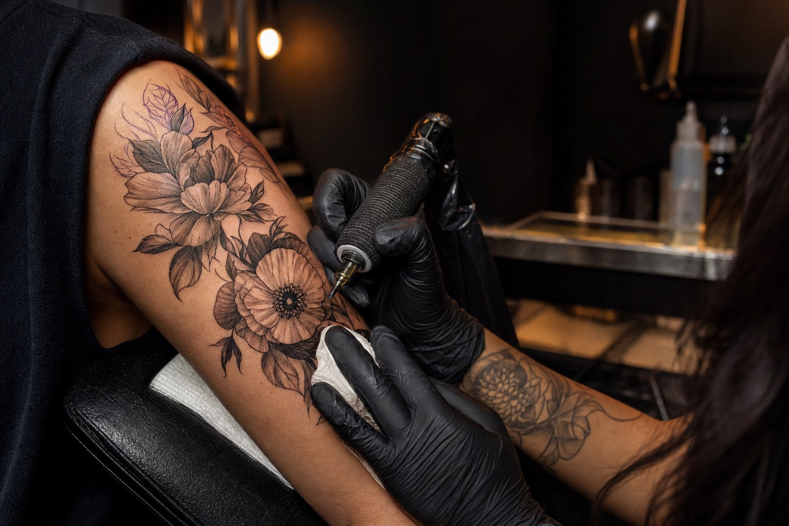 Illustrative tattoo artist at work on floral line art