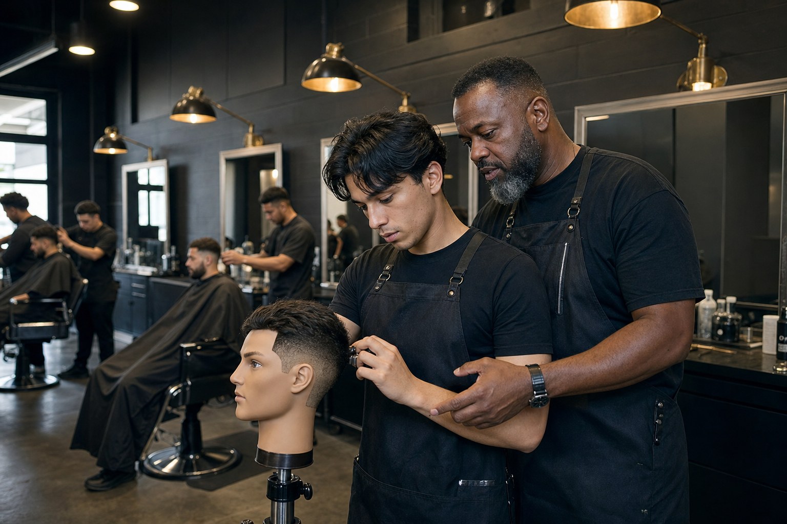 Illustrative barber instructor guiding a student in a studio