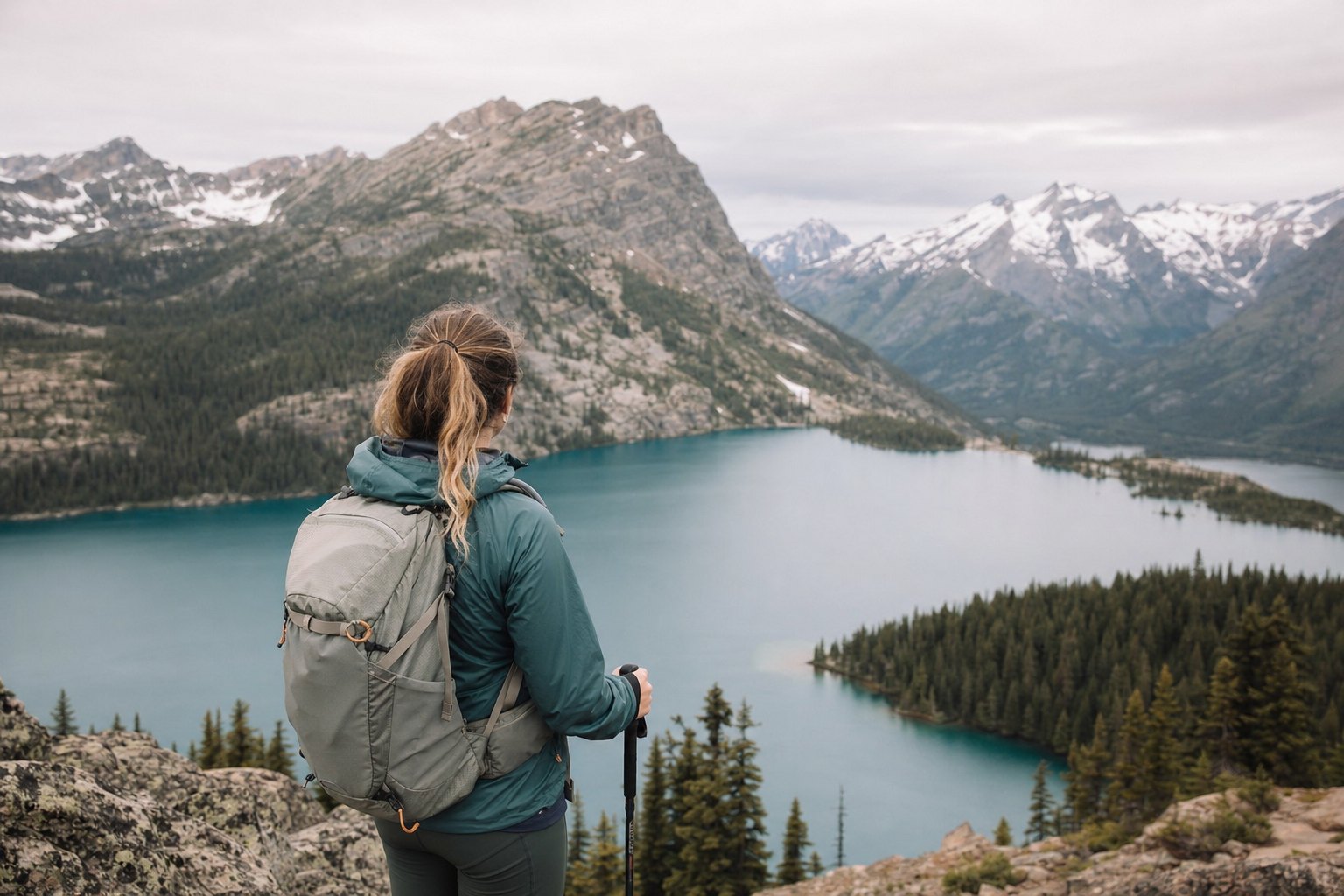 Hiker at a mountain lake overlook