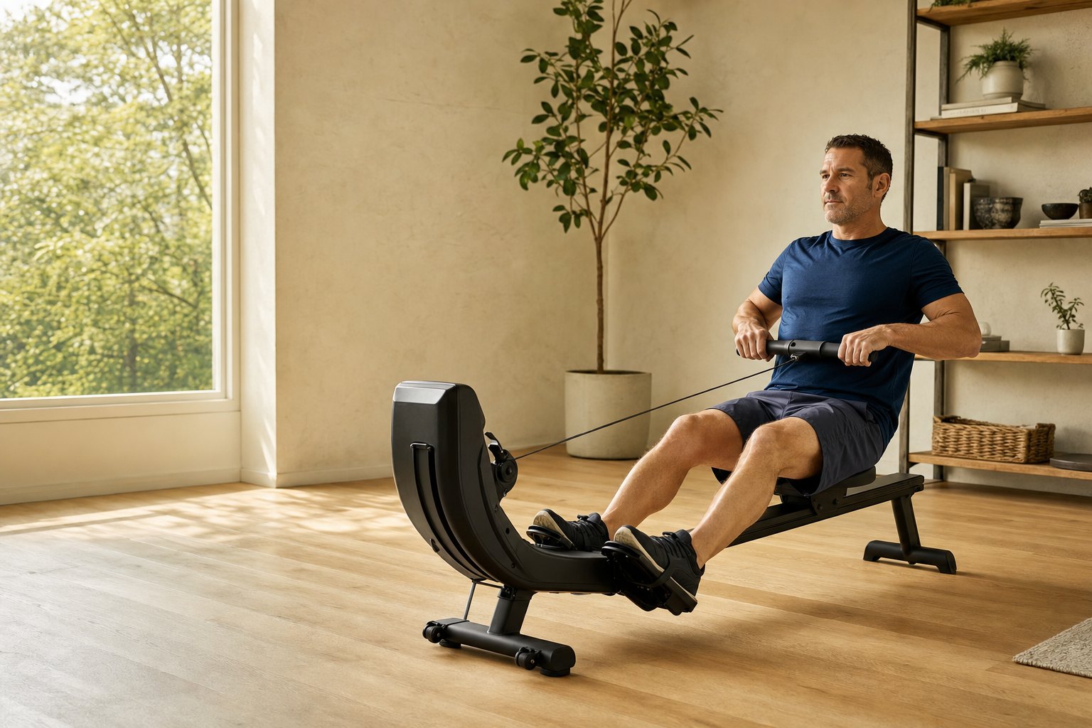 Person rowing on a compact machine in a sunlit home wellness room
