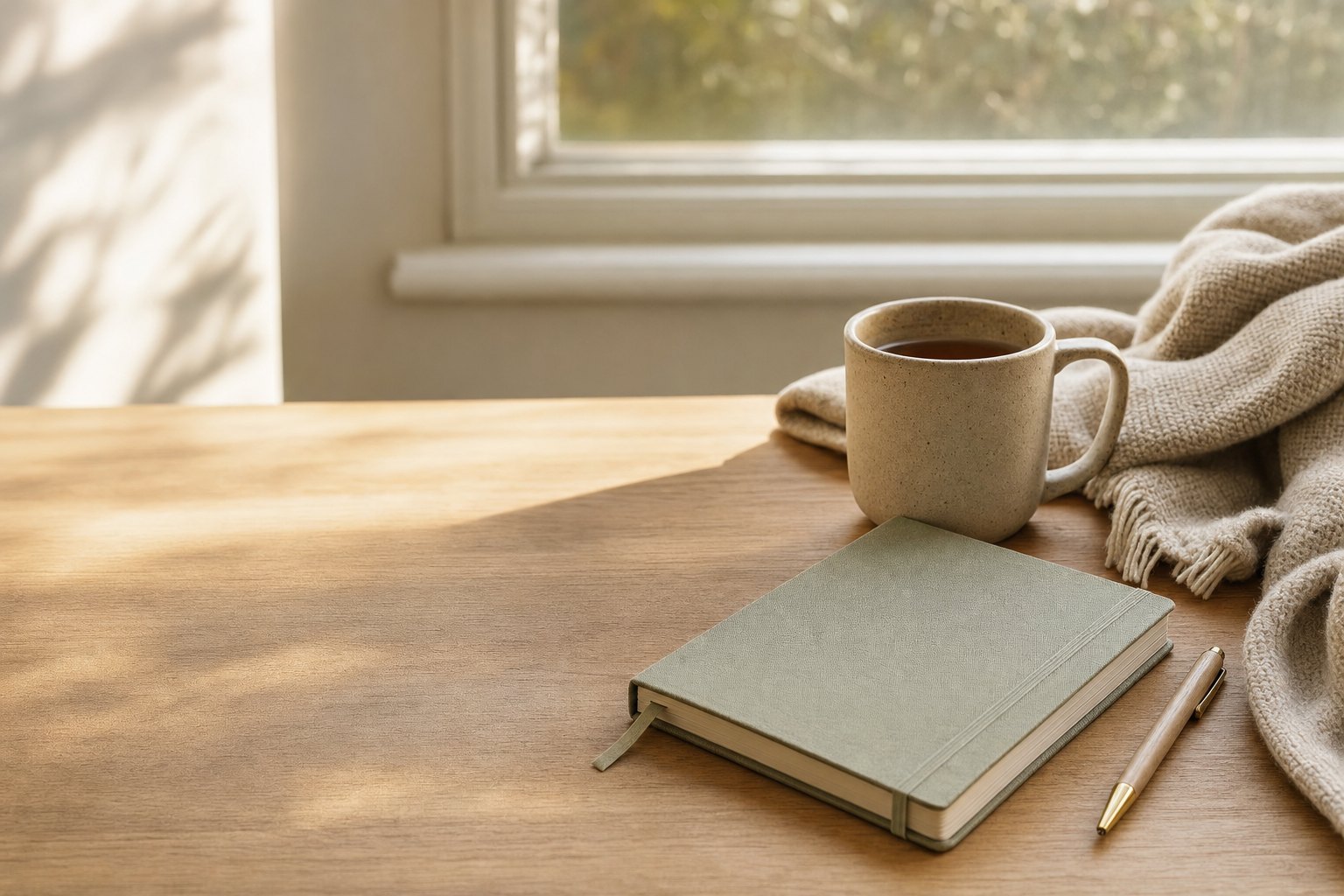 Notebook, ceramic mug, and warm blanket in a sunlit home