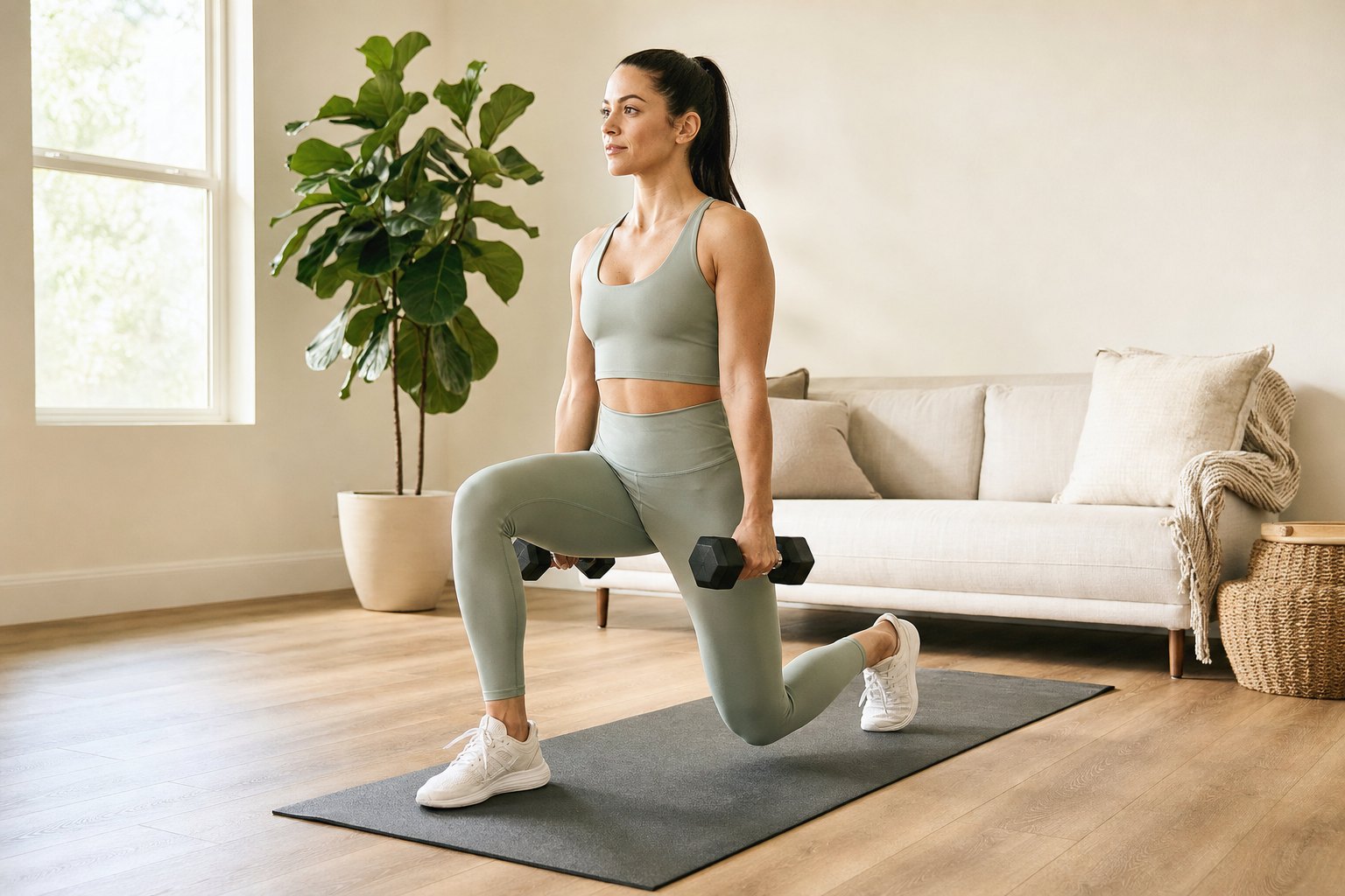 Woman exercising with dumbbells in a warm home