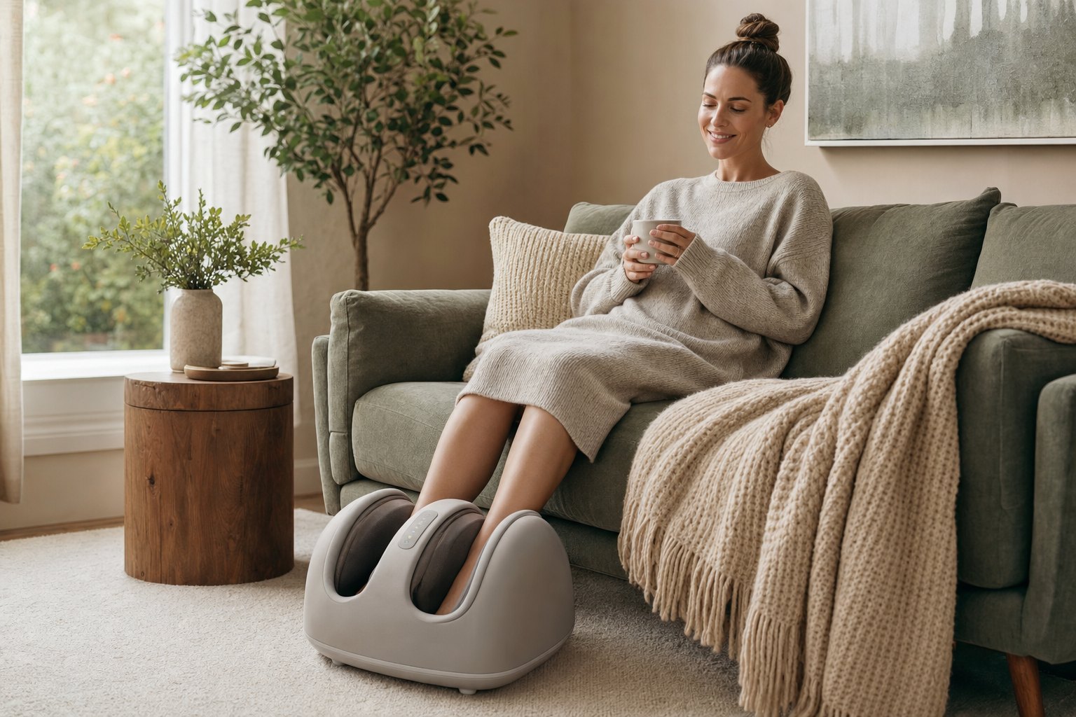 Woman resting at home with recovery equipment