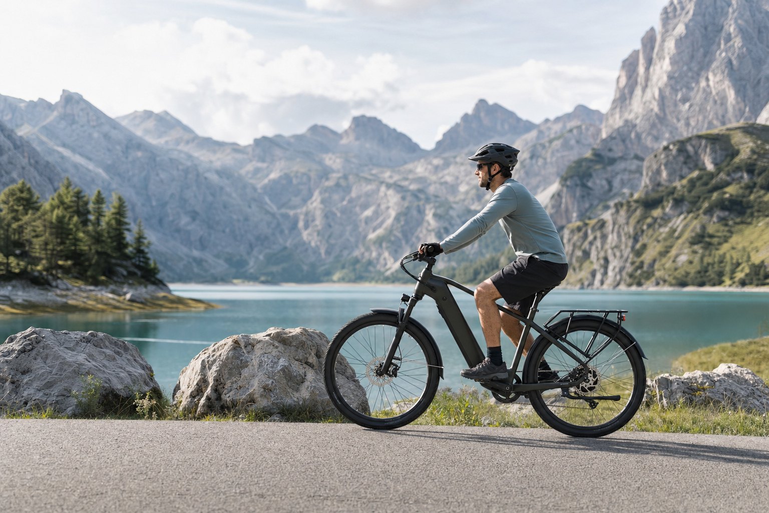 Cyclist riding an electric bicycle near a mountain lake