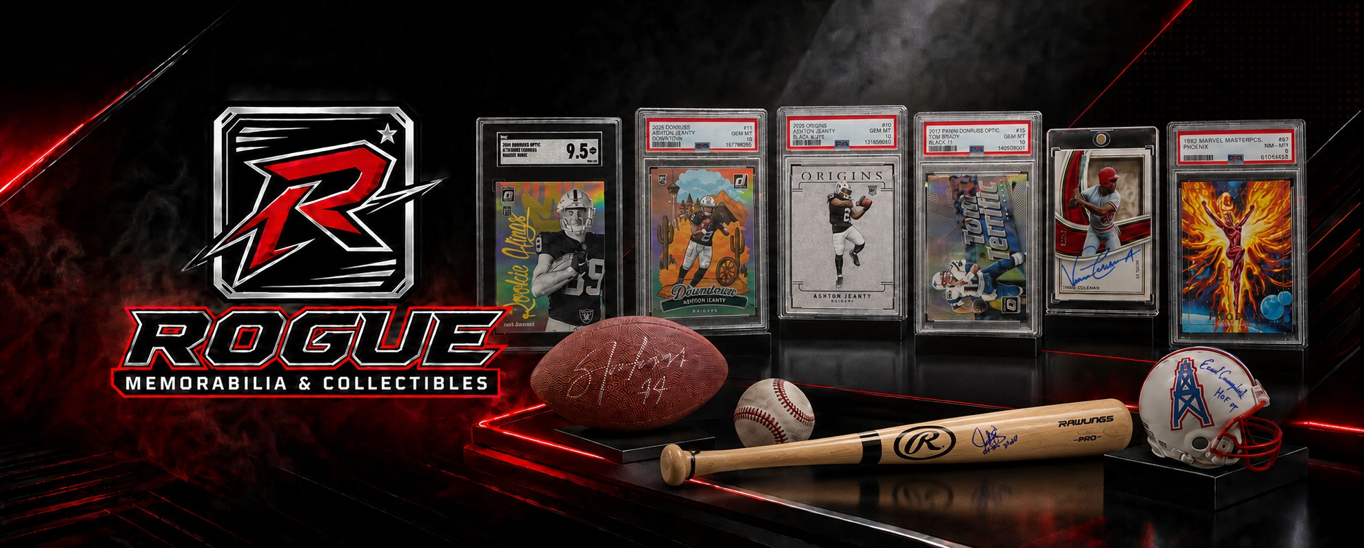 Rogue Memorabilia display of collectible cards and signed sports memorabilia