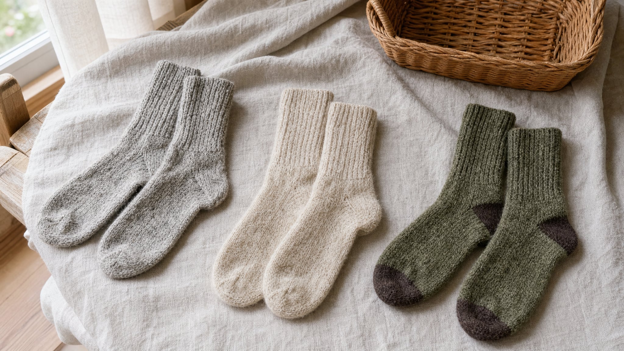 Three pairs of wool socks laid out to air on linen