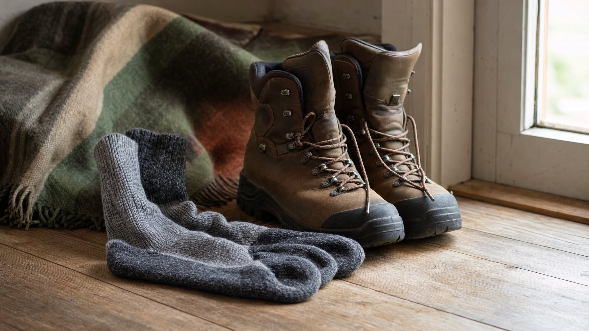 Wool boot socks resting beside hiking boots after a day outdoors