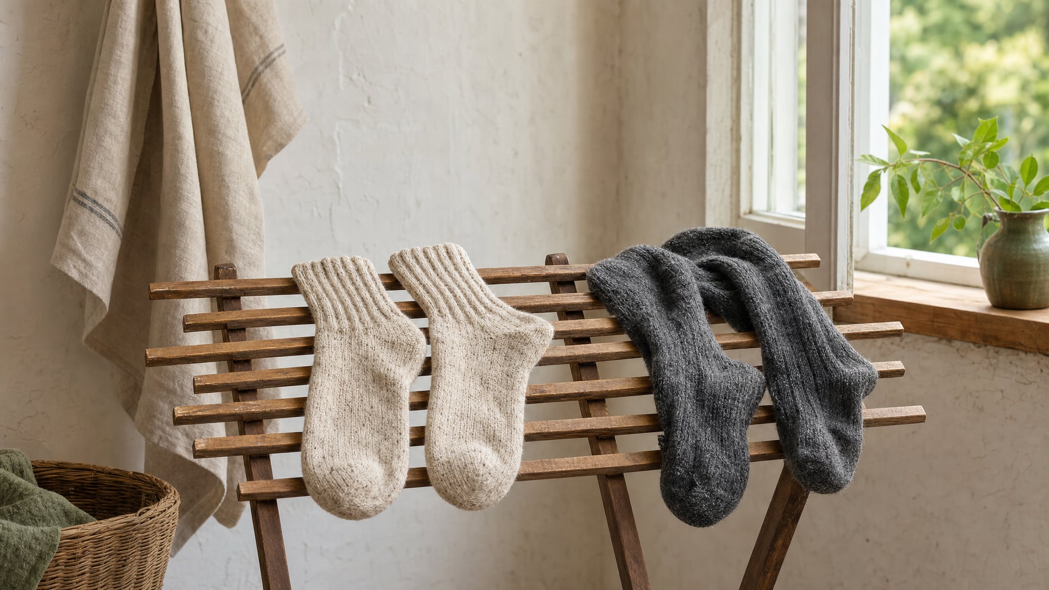 Two pairs of wool socks drying on a wooden rack beside a window