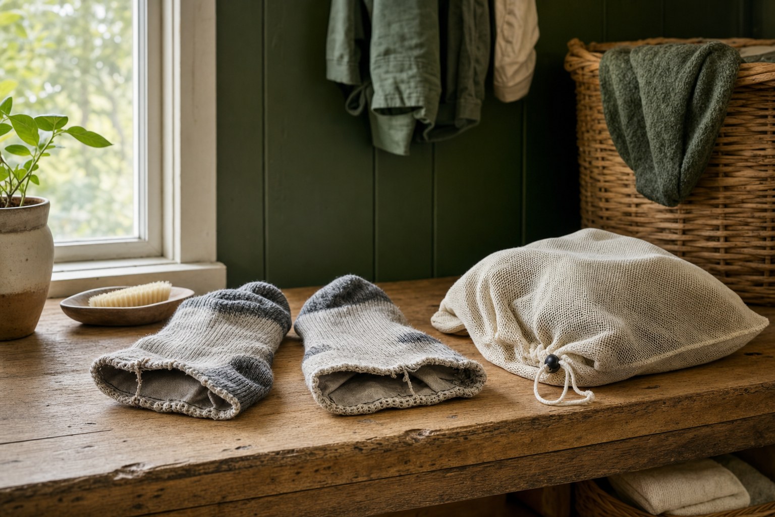 Natural wool socks and a mesh laundry bag on a wooden laundry bench