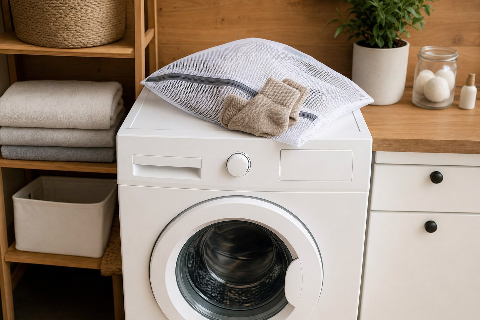 Wool socks in a mesh laundry bag beside a washing machine