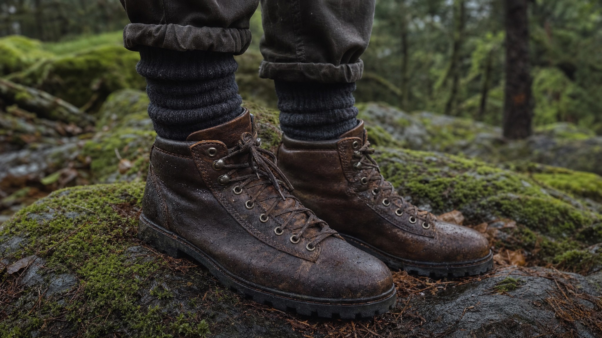 Wool socks with leather hiking boots on a mossy forest trail