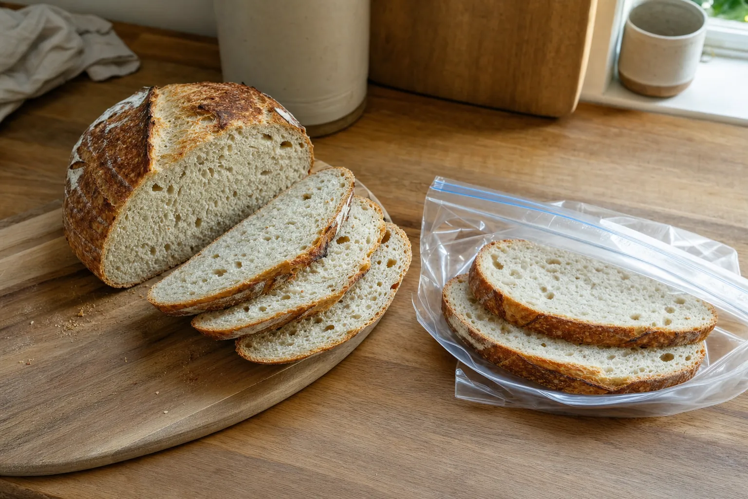 Sliced sourdough bread beside a freezer-safe bag on a kitchen counter