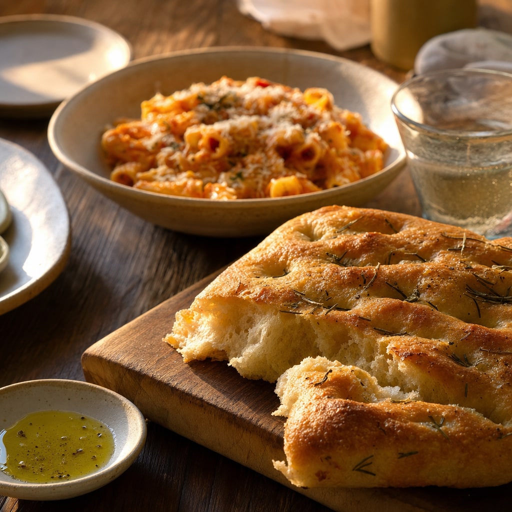 Rosemary focaccia with olive oil served beside a pasta dinner