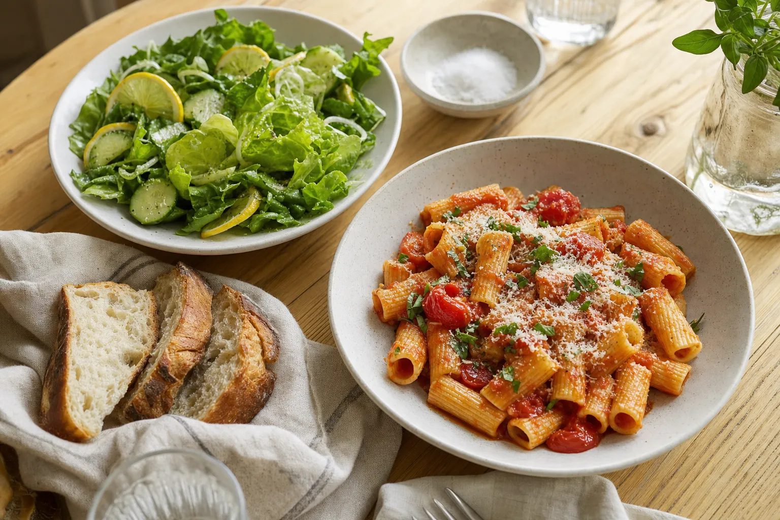 Tomato pasta served with green salad and rustic bread