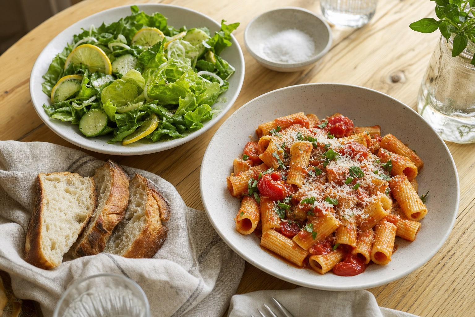 Tomato pasta served with green salad and rustic bread