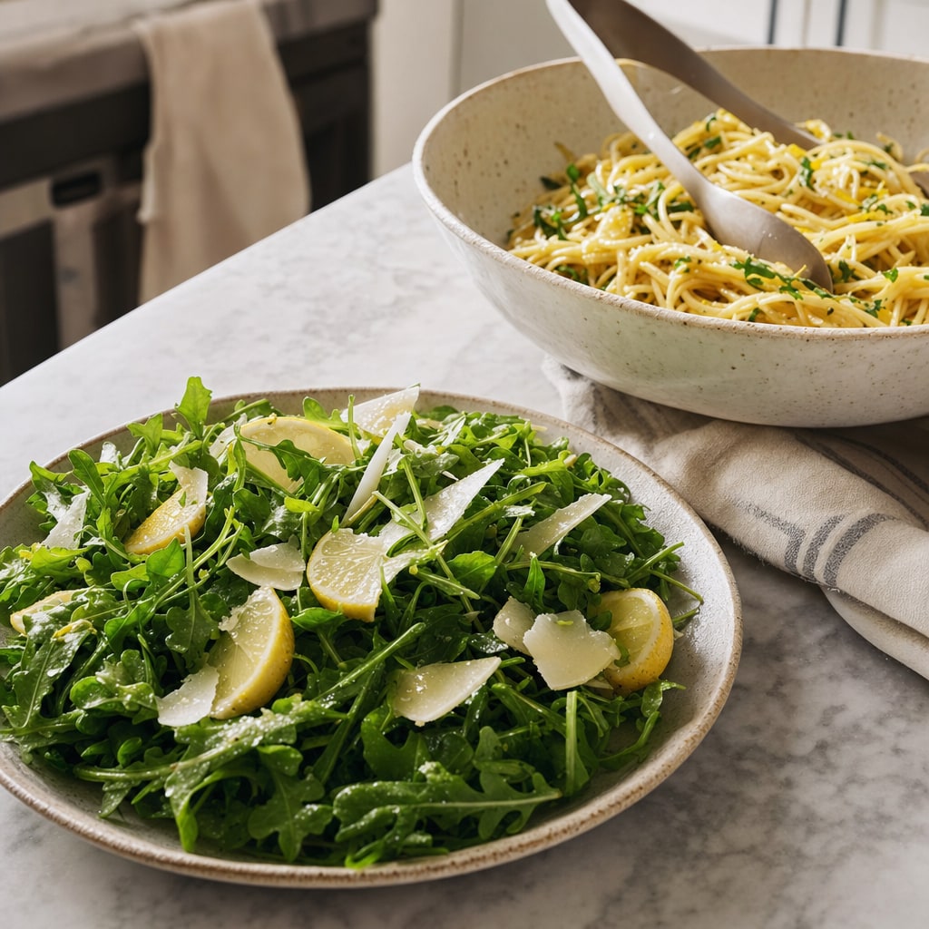 Arugula salad with lemon and Parmesan beside a bowl of pasta