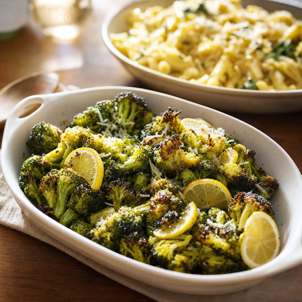 Roasted broccoli with lemon and Parmesan served beside pasta