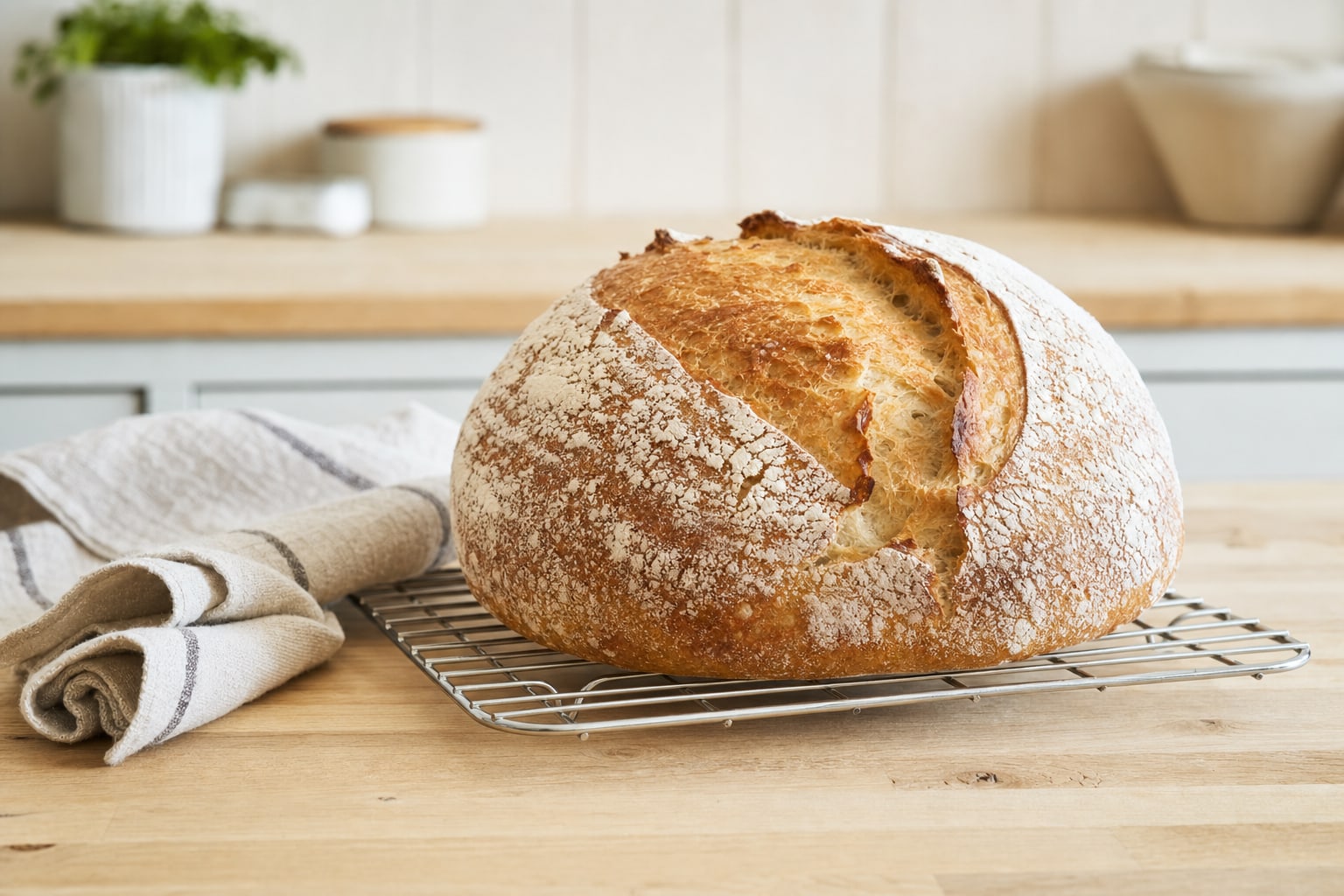 Whole sourdough loaf cooling on a wire rack beside a linen towel